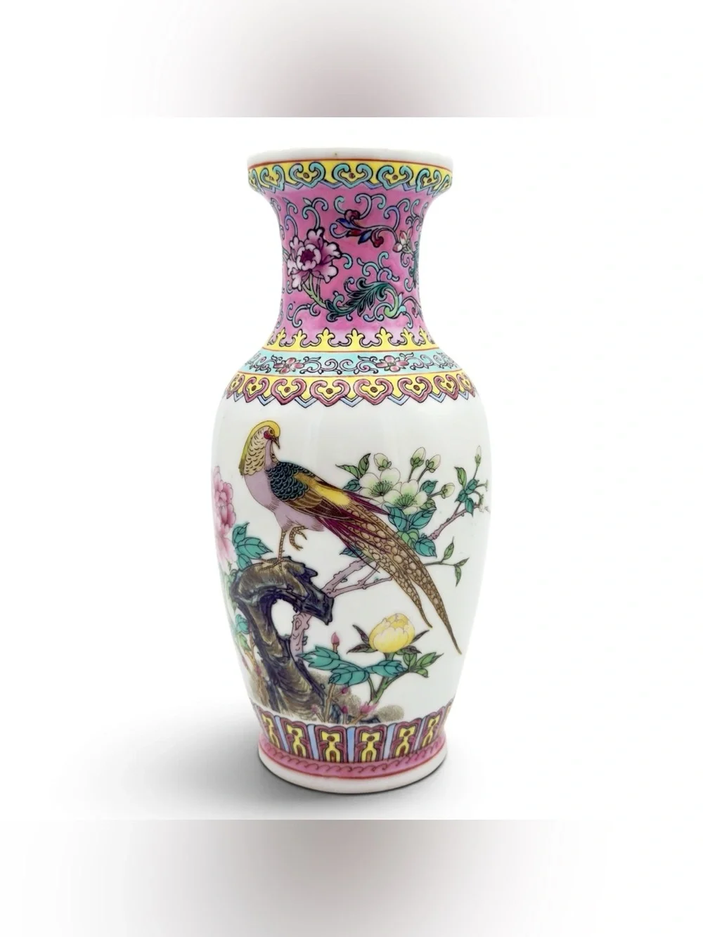 Vintage Chinese Porcelain Poem Vase Jingdezhen Famille Rose Peacock & Peony